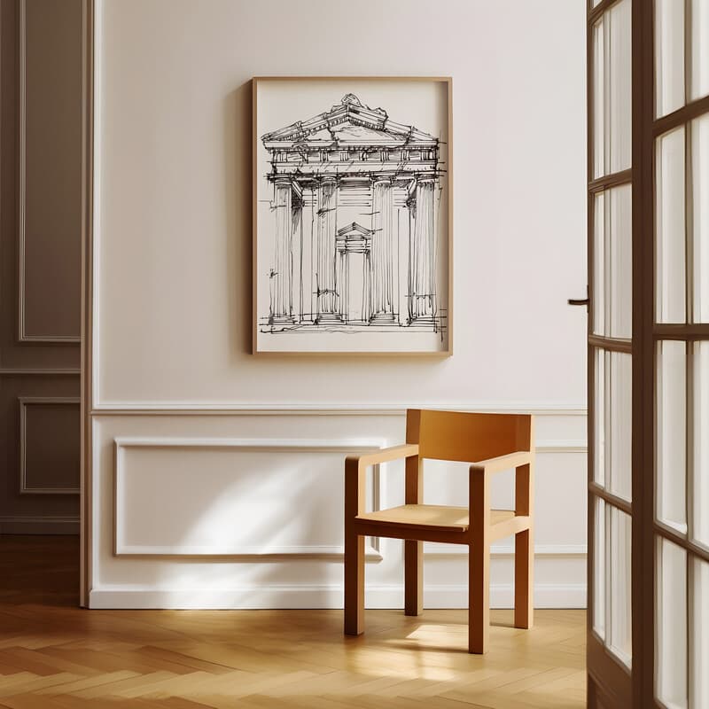 Room view with a full frame of A contemporary ink sketch, greek architecture