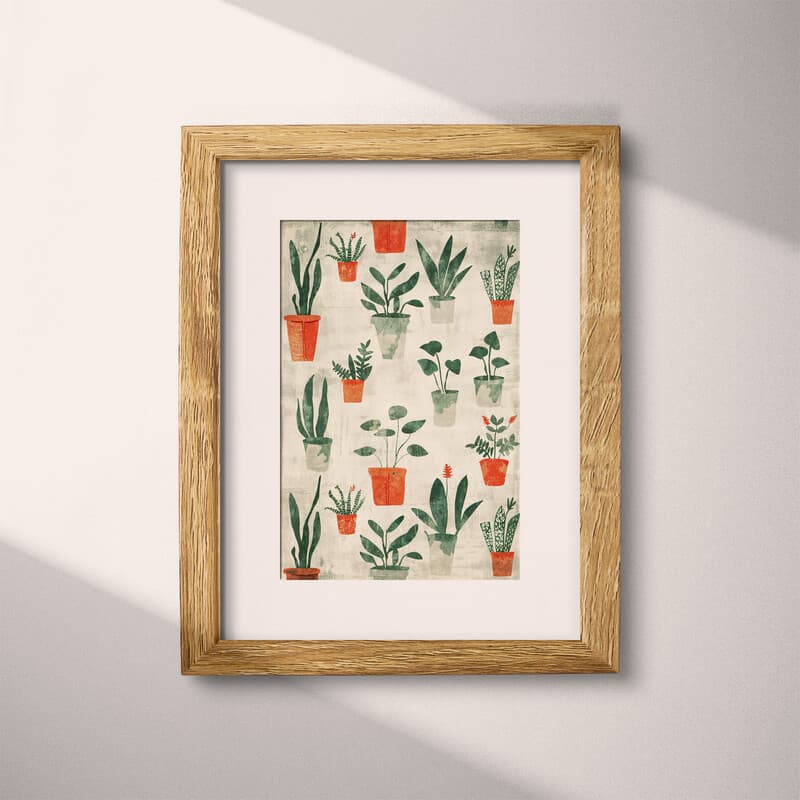 Matted frame view of A rustic textile print, potted plant pattern