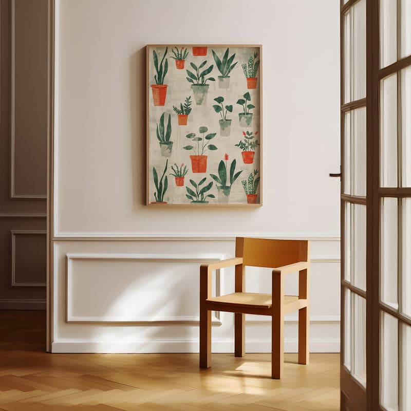 Room view with a full frame of A rustic textile print, potted plant pattern