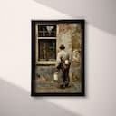 Full frame view of A vintage oil painting, a milkman outside a home, back view