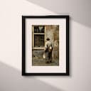 Matted frame view of A vintage oil painting, a milkman outside a home, back view