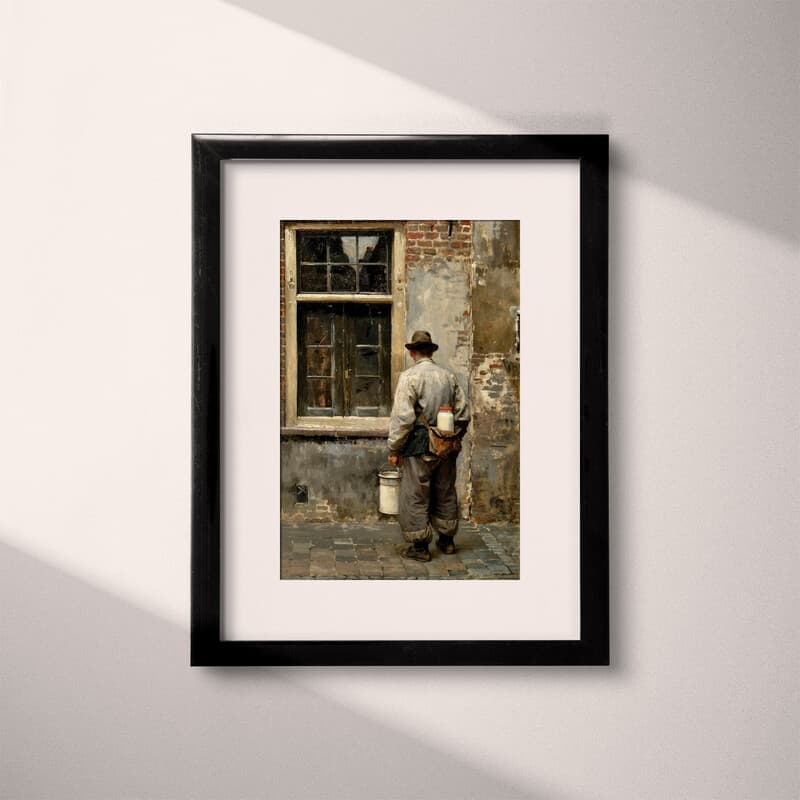 Matted frame view of A vintage oil painting, a milkman outside a home, back view