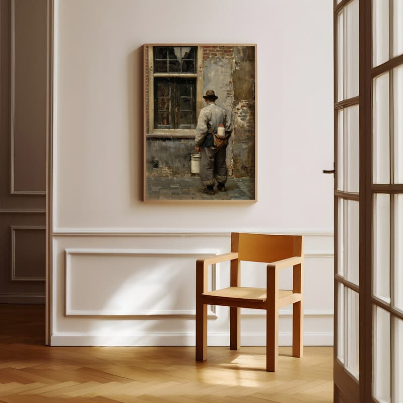 Room view with a full frame of A vintage oil painting, a milkman outside a home, back view