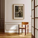 Room view with a matted frame of A vintage oil painting, a milkman outside a home, back view