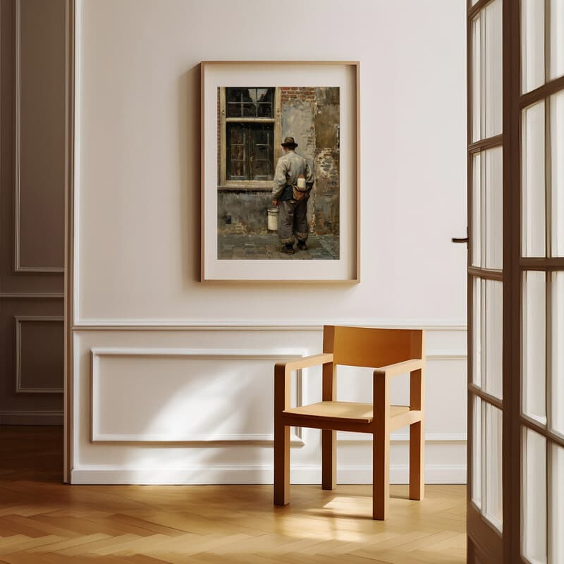 Room view with a matted frame of A vintage oil painting, a milkman outside a home, back view