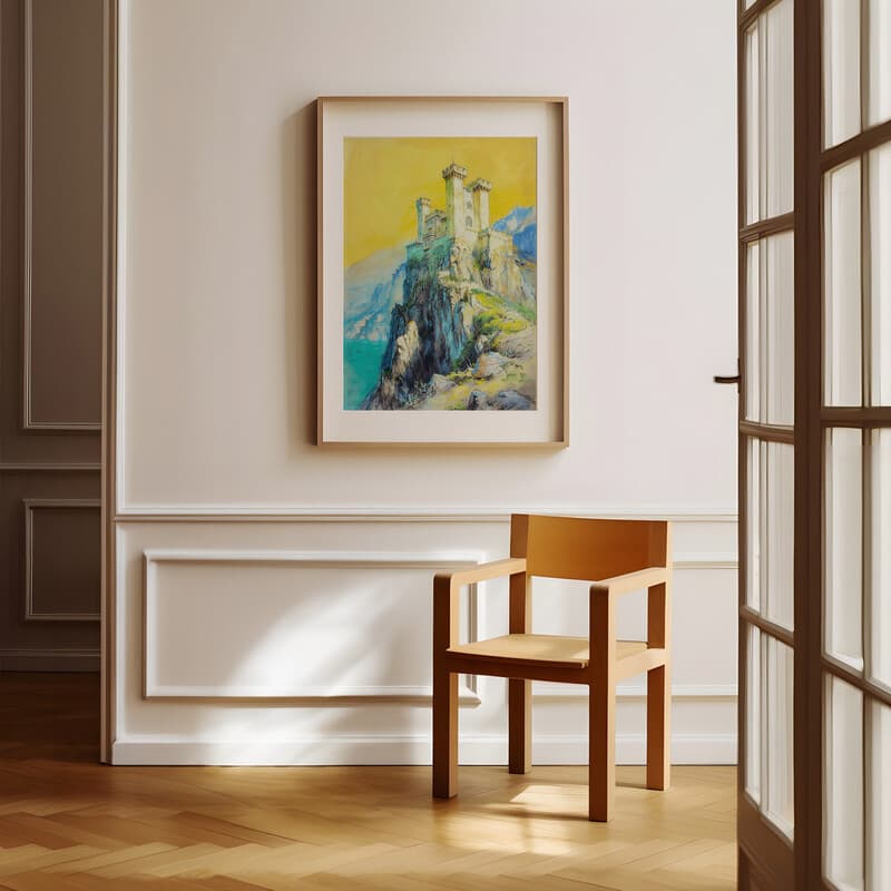 Room view with a matted frame of A vintage pastel pencil illustration, a castlel on a mountain