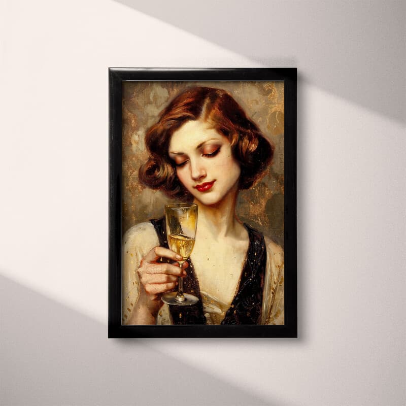 Full frame view of An art deco oil painting, a woman with a champagne glass