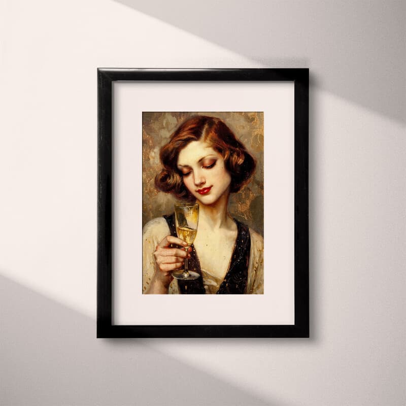 Matted frame view of An art deco oil painting, a woman with a champagne glass