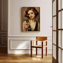 Room view with a full frame of An art deco oil painting, a woman with a champagne glass