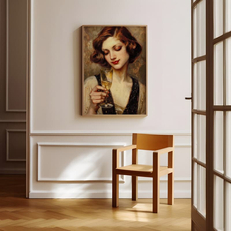 Room view with a full frame of An art deco oil painting, a woman with a champagne glass