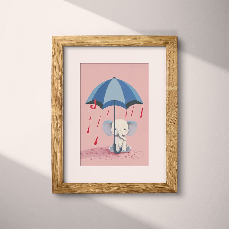 Matted frame view of A cute simple cartoon drawing, an elephant under an umbrella