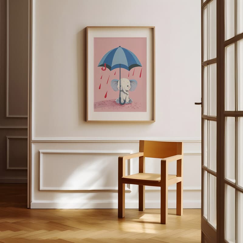 Room view with a matted frame of A cute simple cartoon drawing, an elephant under an umbrella