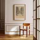 Room view with a matted frame of A vintage pencil sketch, library stacks, distant view