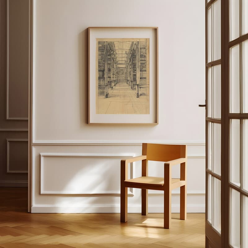 Room view with a matted frame of A vintage pencil sketch, library stacks, distant view