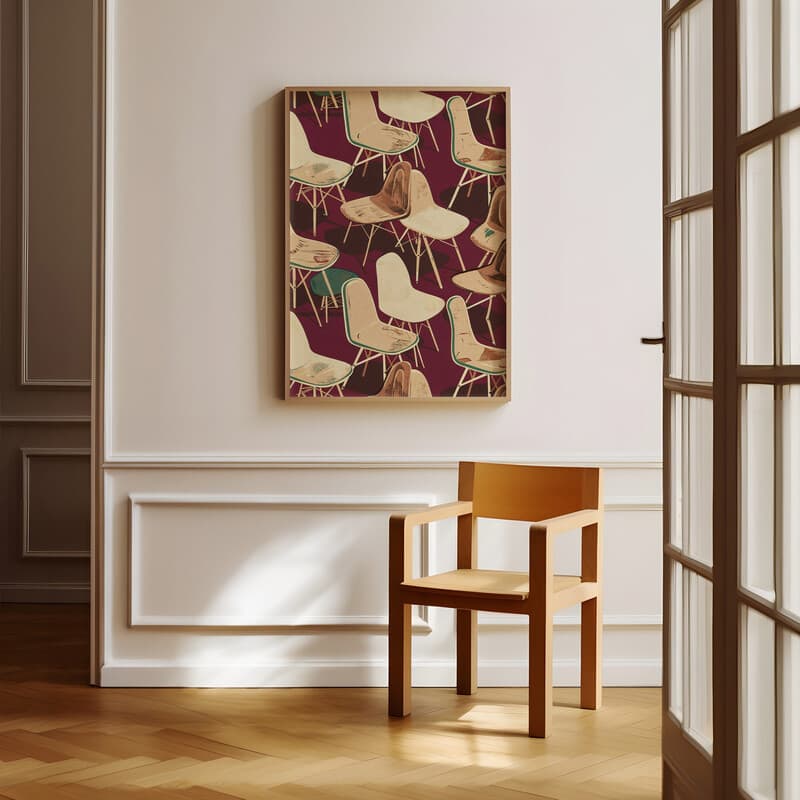 Room view with a full frame of A contemporary textile print, symmetric pattern of chairs