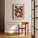 Room view with a matted frame of A contemporary textile print, symmetric pattern of chairs