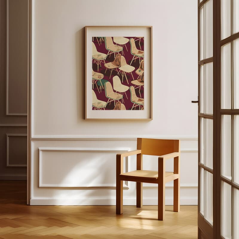 Room view with a matted frame of A contemporary textile print, symmetric pattern of chairs