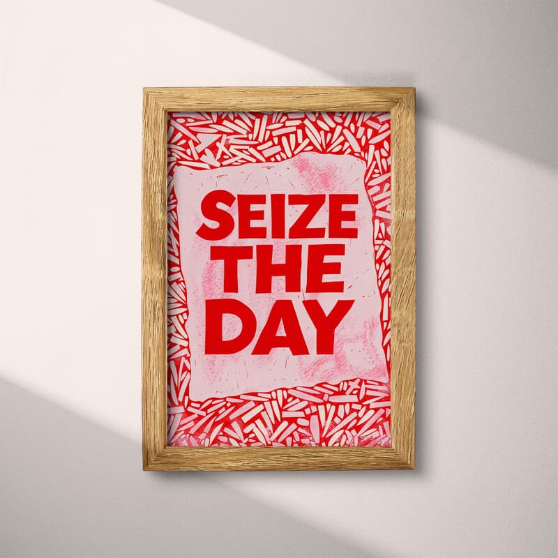 Full frame view of A minimalist linocut print, the words "SEIZE THE DAY"