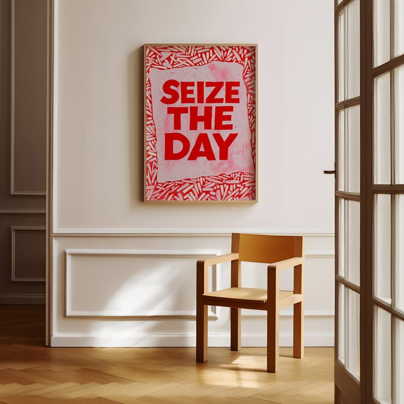 Room view with a full frame of A minimalist linocut print, the words "SEIZE THE DAY"