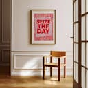 Room view with a matted frame of A minimalist linocut print, the words "SEIZE THE DAY"