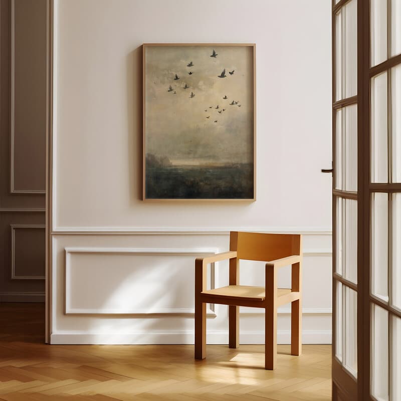 Room view with a full frame of An impressionist oil painting, birds in a cloudy sky, distant view