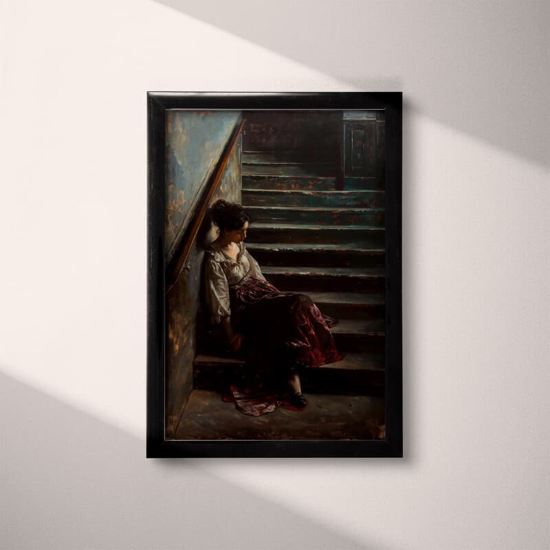 Full frame view of A vintage oil painting, a woman sitting on a stairway