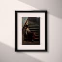 Matted frame view of A vintage oil painting, a woman sitting on a stairway