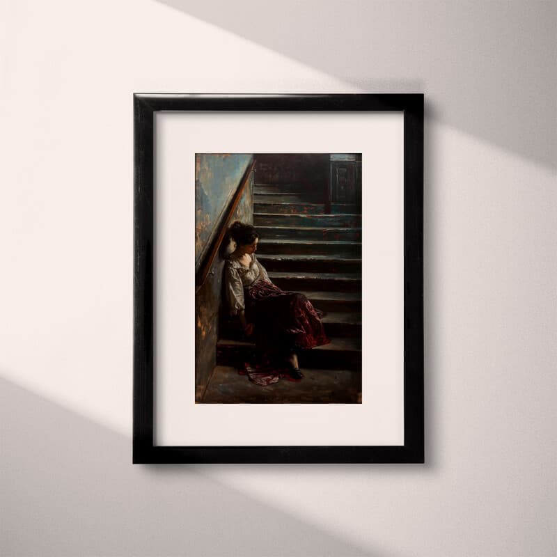 Matted frame view of A vintage oil painting, a woman sitting on a stairway