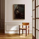 Room view with a full frame of A vintage oil painting, a woman sitting on a stairway