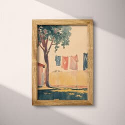 Clothesline Digital Download | Outdoor Wall Decor | Landscapes Decor | Beige, Black, Brown, Gray and Red Print | Mid Century Wall Art | Living Room Art | Housewarming Digital Download | Summer Wall Decor | Pastel Pencil Illustration