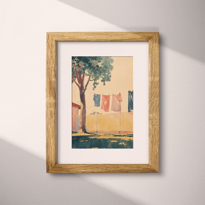 Matted frame view of A mid-century pastel pencil illustration, clothesline in a backyard