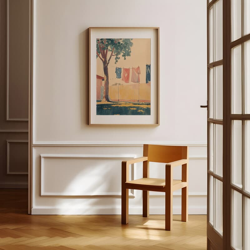 Room view with a matted frame of A mid-century pastel pencil illustration, clothesline in a backyard