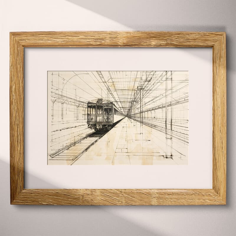 Matted frame view of A vintage graphite sketch, train station